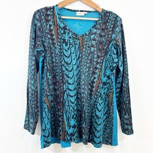 Prairie Cotton T-Shirt Tunic Blue Long Sleeved V-Neck Size Medium Western Boho